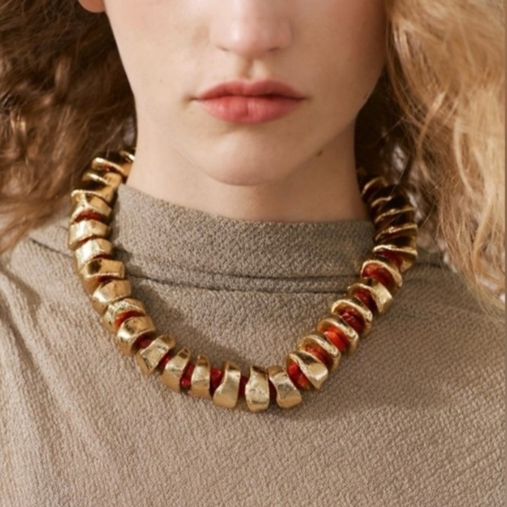 Zara Mixed Stone Necklace - Gold and Coral Red Statement Necklace NWOT - Picture 2 of 11